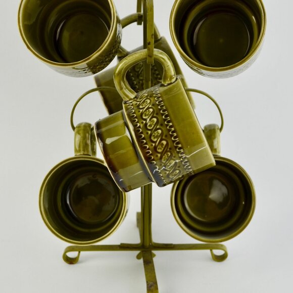 Vintage Avocado Green Japan Coffee Mugs Set of 6 With Storage Tree - Picture 7 of 10